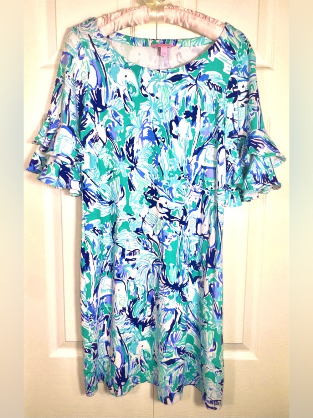Lilly Pulitzer Lula Shift Dress Elephant Appeal Tropical Turquoise ruffle S